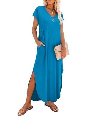 Women's Teal Maxi Dress Casual Summer V Neck Beach Sundress With Pockets